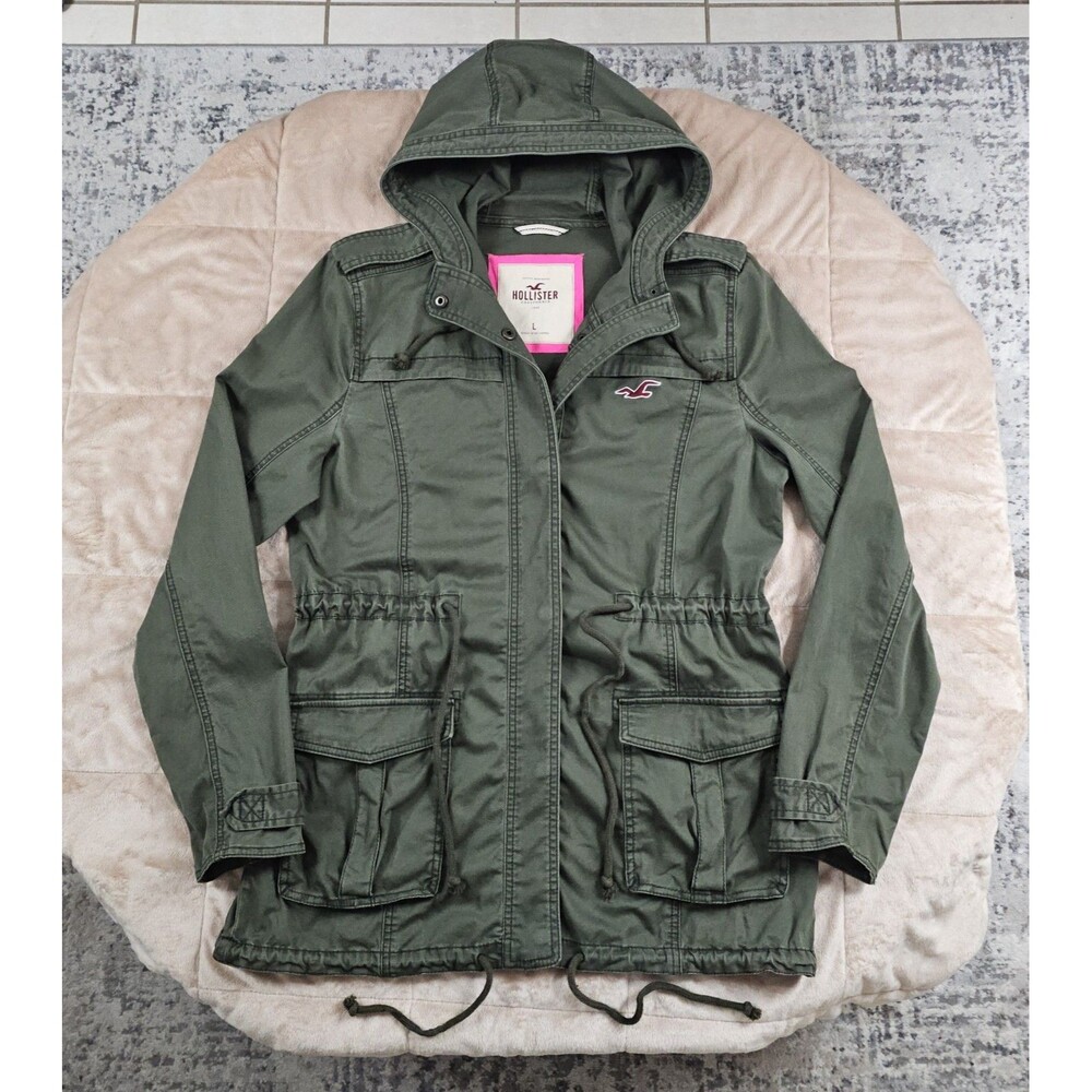 Hollister Army Green Military Utility Jacket Hooded Anorak Womens L Olive Y2K